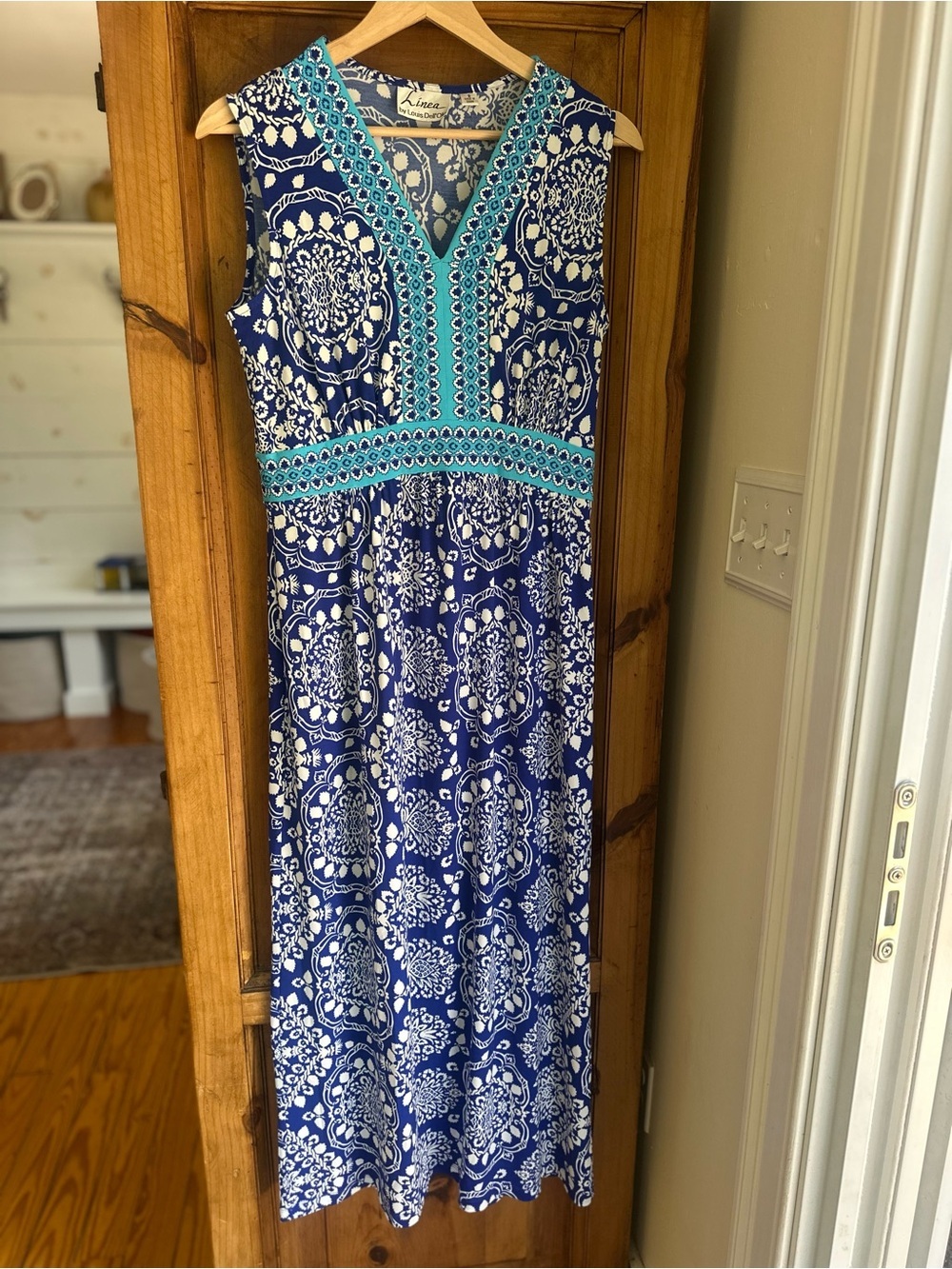 Linea by Louis Dell'Olio Navy, White & Turquoise Sleeveless Maxi Dress Small